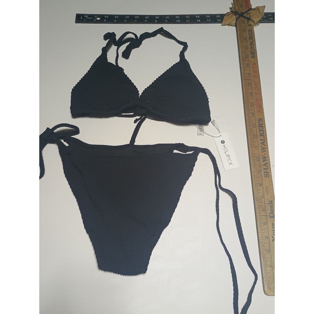 HOLIPICK Black Halter Bikini Set - Tie Side Bottoms - Medium